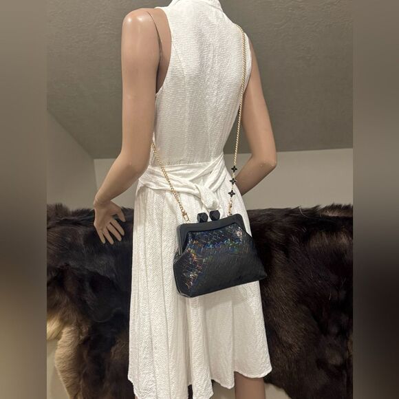 Iridescent Embossed Leather Handmade “Candy” Kisslock Acrylic Frame Clutch Bag - Picture 8 of 16